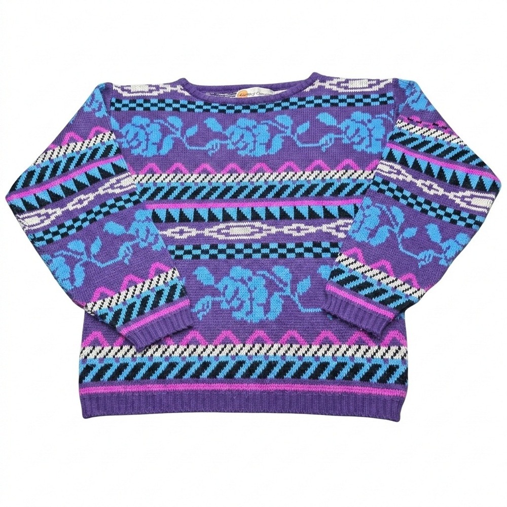 VTG Country Concepts Floral Geometric Knit Sweater Womens M Purple Acrylic Korea